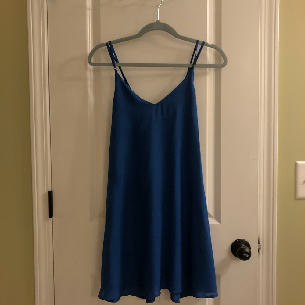 Blue sleeveless flare dress crossed straps cute